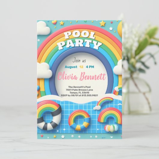 Bewerkbare Rainbow Pool Party Verjaardag Zomer Zwe Kaart (Staand voorkant)