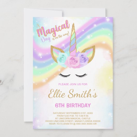 Bewerkbare Rainbow Unicorn verjaardagsuitnodiging Kaart (Voorkant)