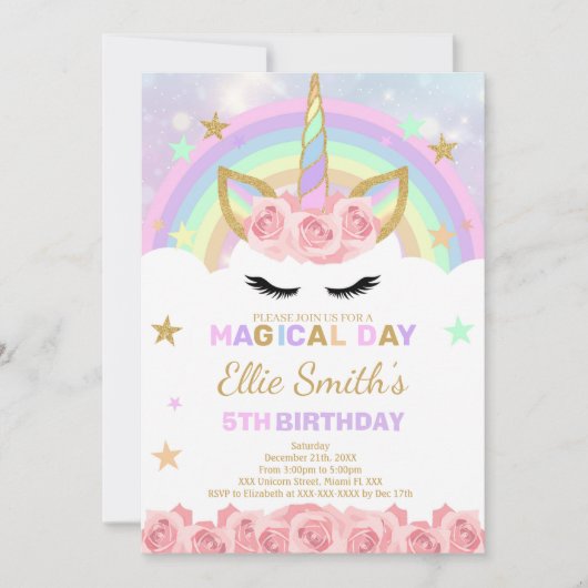 Bewerkbare Rainbow Unicorn verjaardagsuitnodiging Kaart (Voorkant)