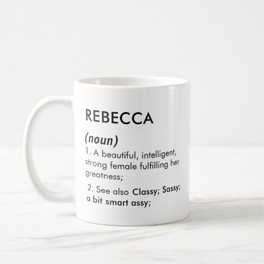 Bewerkbare Rebecca naam definitie, aangepaste naam Koffiemok (Links)