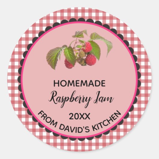 Bewerkbare Red Gingham Raspberry Jam Label Sticker (Voorkant)