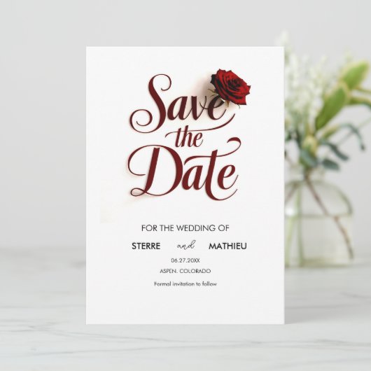 Bewerkbare Red Rose bruiloft Save The Date (Staand voorkant)