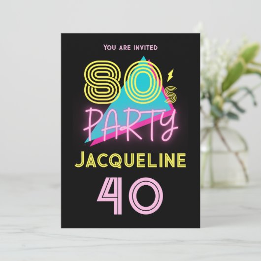 Bewerkbare Retro 80s Party Neon Pink 40th Verjaard Kaart (Staand voorkant)