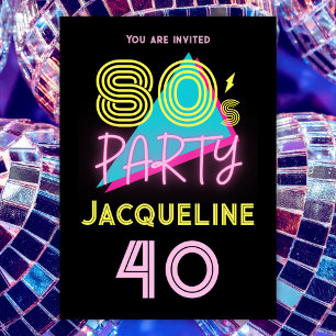 Bewerkbare Retro 80s Party Neon Pink 40th Verjaard Kaart