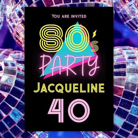 Bewerkbare Retro 80s Party Neon Pink 40th Verjaard Kaart