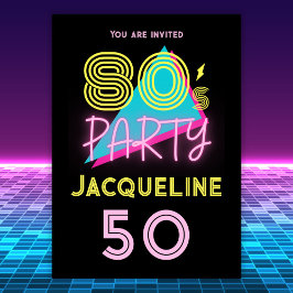 Bewerkbare Retro 80s Party Neon Pink 50th Verjaard Kaart