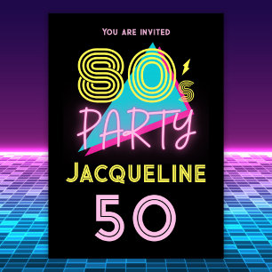 Bewerkbare Retro 80s Party Neon Pink 50th Verjaard Kaart