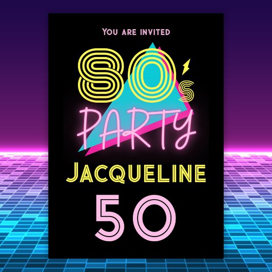 Bewerkbare Retro 80s Party Neon Pink 50th Verjaard Kaart
