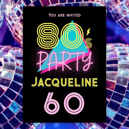 Bewerkbare Retro 80s Party Neon Roze 60e verjaarda Kaart