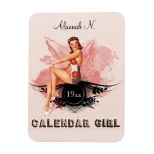 Bewerkbare Retro Kalender Meisje Magneet