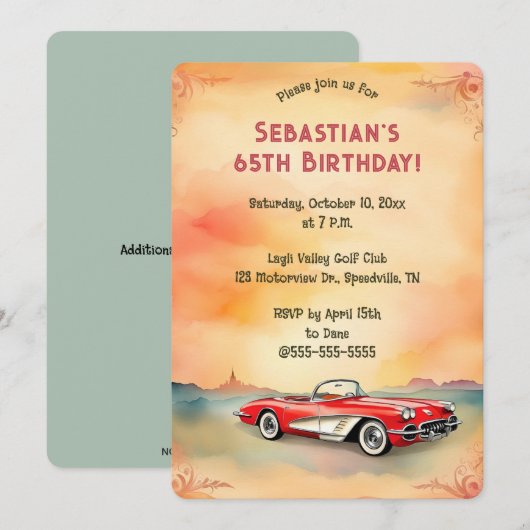 Bewerkbare retro rode auto kaart (Voorkant / Achterkant)