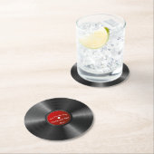 Bewerkbare retro-vinylplaat met rood midden ronde kartonnen onderzetter (Insitu)