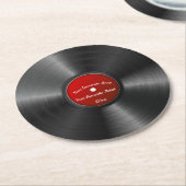 Bewerkbare retro-vinylplaat met rood midden ronde kartonnen onderzetter (Gebogen)