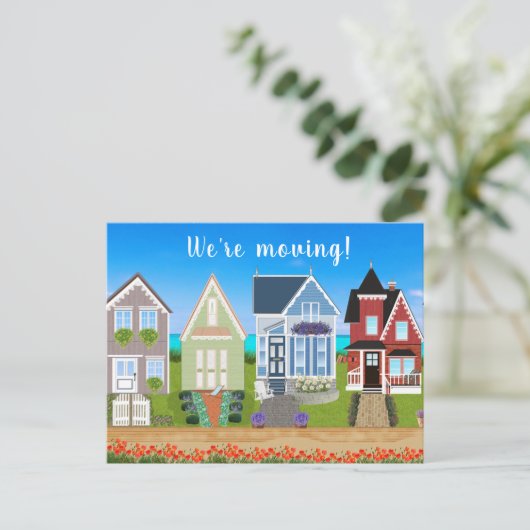 Bewerkbare rij huizen die we verplaatsen Aankondig Briefkaart (Staand voorkant)