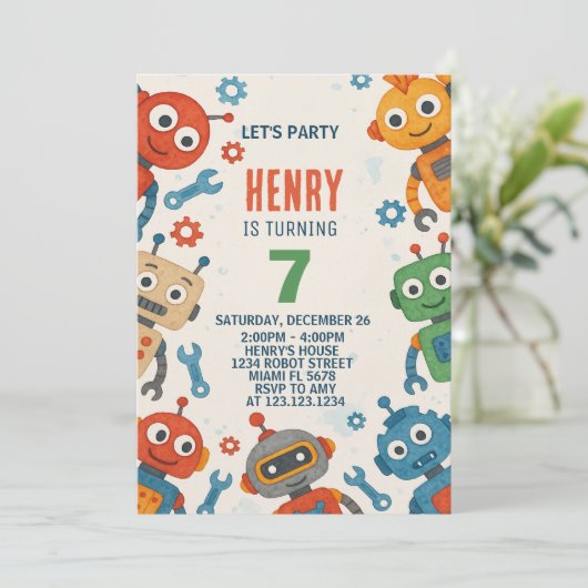 Bewerkbare Robot Kids Verjaardag Uitnodiging (Staand voorkant)