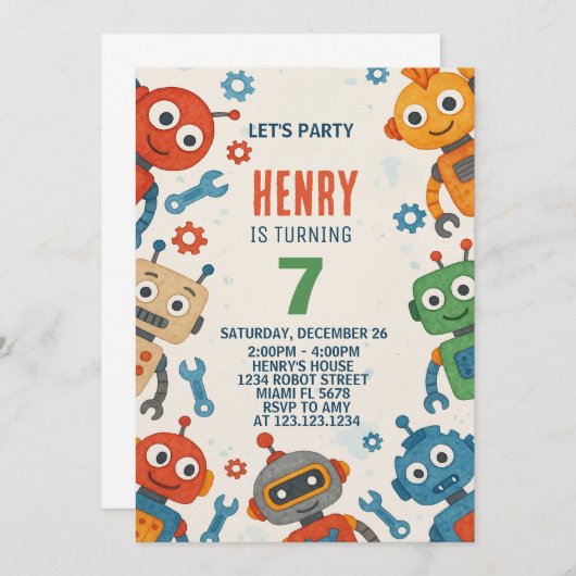 Bewerkbare Robot Kids Verjaardag Uitnodiging (Voorkant / Achterkant)