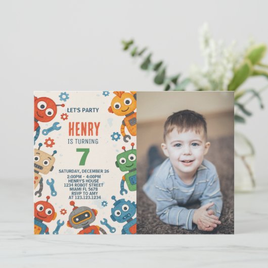 Bewerkbare Robot Kids Verjaardag Uitnodiging met f (Staand voorkant)