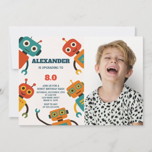 Bewerkbare Robot Verjaardag Uitnodiging voor Kinde (Voorkant)