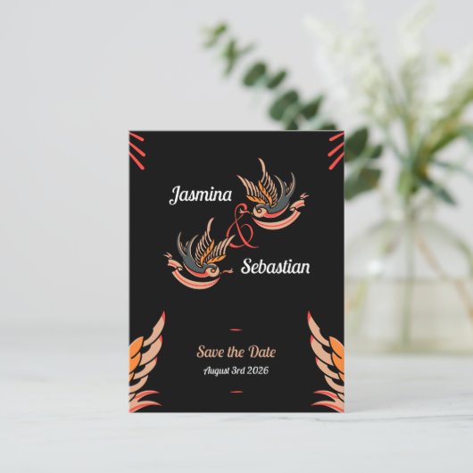 Bewerkbare Rockabilly Swallows Wedding Bewaar de d Briefkaart (Staand voorkant)