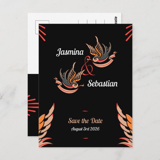 Bewerkbare Rockabilly Swallows Wedding Bewaar de d Briefkaart (Voorkant / Achterkant)