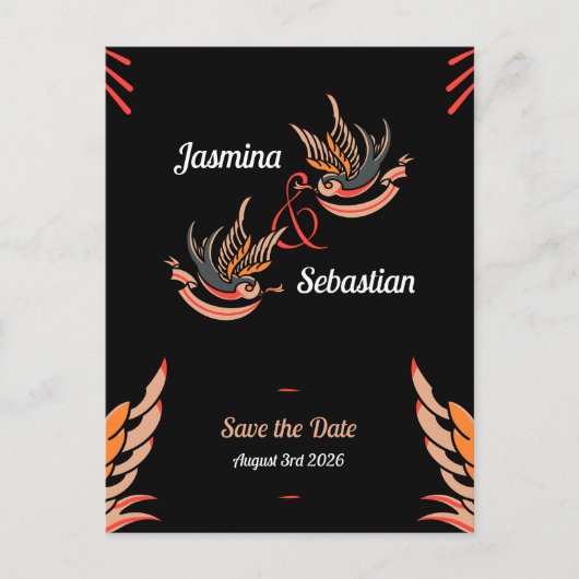 Bewerkbare Rockabilly Swallows Wedding Bewaar de d Briefkaart (Voorkant)