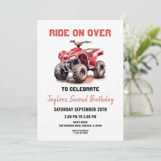 Bewerkbare rode ATV wieler fiets verjaardagsuitnod Kaart (Staand voorkant)
