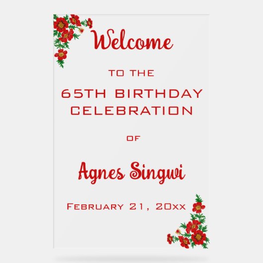 Bewerkbare Rode Bloemen Viering Acryl Teken Acryl Bord (Voorkant)