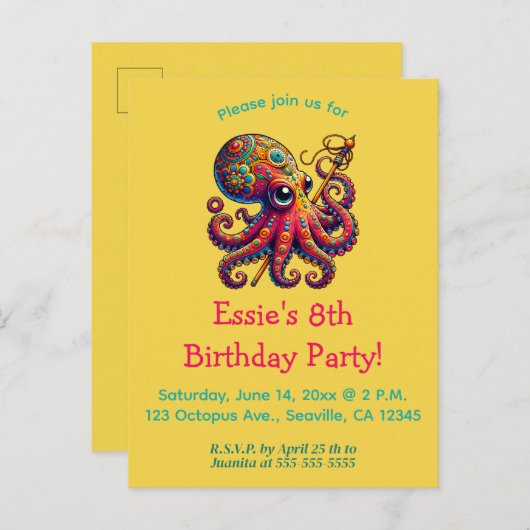 Bewerkbare rode octopus uitnodiging briefkaart (Voorkant / Achterkant)