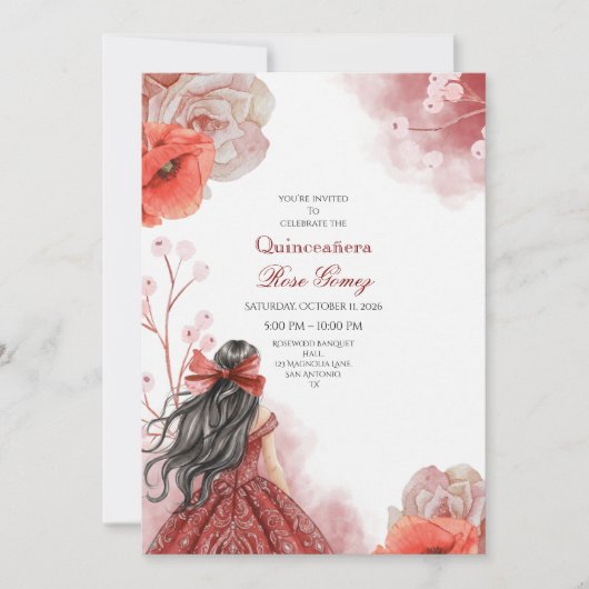 Bewerkbare rode Waterverf Quinceañera Invitation Kaart (Voorkant)