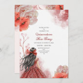 Bewerkbare rode Waterverf Quinceañera Invitation Kaart (Voorkant / Achterkant)