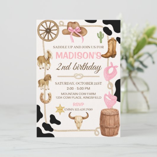 Bewerkbare Rodeo Cowgirl verjaardagsuitnodiging Kaart (Staand voorkant)