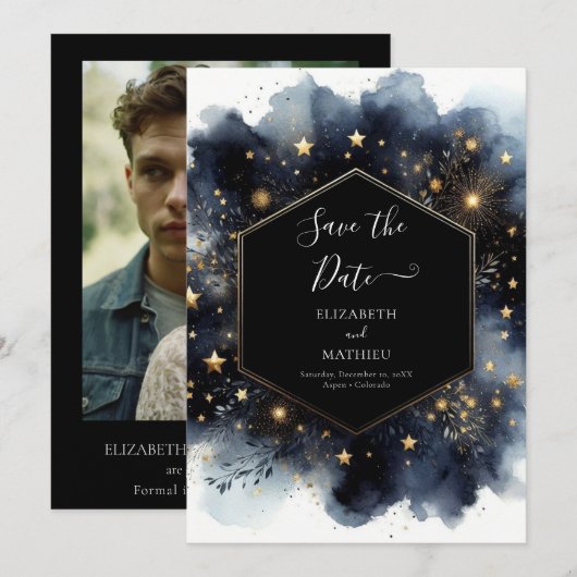 Bewerkbare romantische hemelse bruiloft save the date (Voorkant / Achterkant)