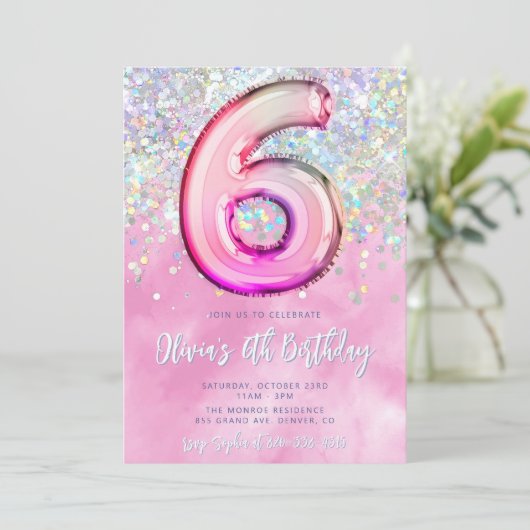 Bewerkbare Roze 6e Verjaardag Uitnodiging Sjabloon (Staand voorkant)