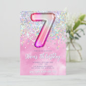 Bewerkbare Roze 7e Verjaardag Uitnodiging Sjabloon (Staand voorkant)