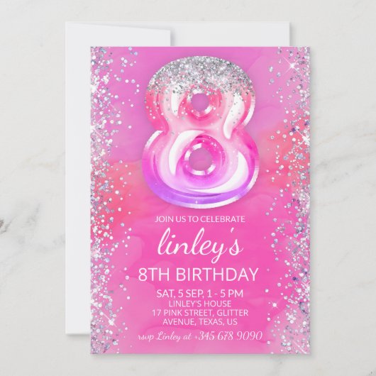 Bewerkbare Roze 8e Verjaardag Uitnodiging Sjabloon (Voorkant)