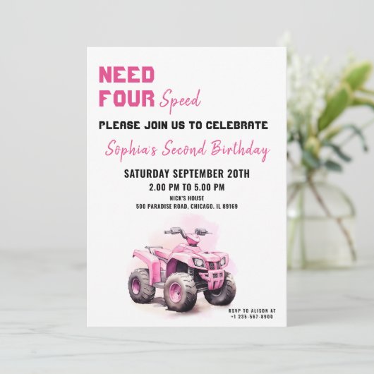 Bewerkbare Roze ATV Fiets Verjaardag uitnodiging (Staand voorkant)