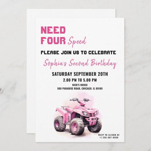 Bewerkbare Roze ATV Fiets Verjaardag uitnodiging (Voorkant / Achterkant)