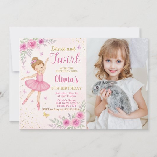Bewerkbare Roze Ballerina Party Nodig Sjabloon uit Kaart (Voorkant)