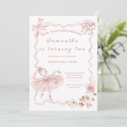 Bewerkbare roze ballerina verjaardagsuitnodiging kaart (Staand voorkant)