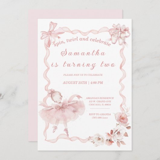 Bewerkbare roze ballerina verjaardagsuitnodiging kaart (Voorkant / Achterkant)