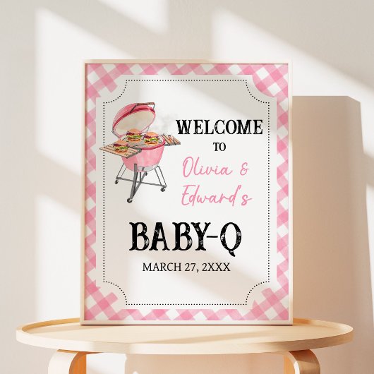Bewerkbare Roze BBQ Baby shower Welkomstbord, Meis Poster