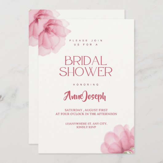 Bewerkbare roze bloemen bruids douche uitnodiging (Voorkant / Achterkant)