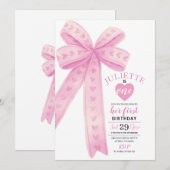 Bewerkbare Roze Bow Eerste Meisjes Verjaardag Uitn Kaart (Voorkant / Achterkant)