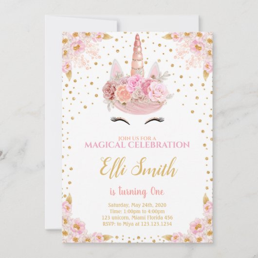 Bewerkbare Roze Eenhoorn Verjaardag Kaart (Voorkant)