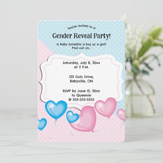 Bewerkbare Roze en Blauwe Stippen Geslacht Reveal Kaart (Staand voorkant)