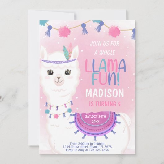 Bewerkbare Roze & Paarse Llama Verjaardag Kaart (Voorkant)