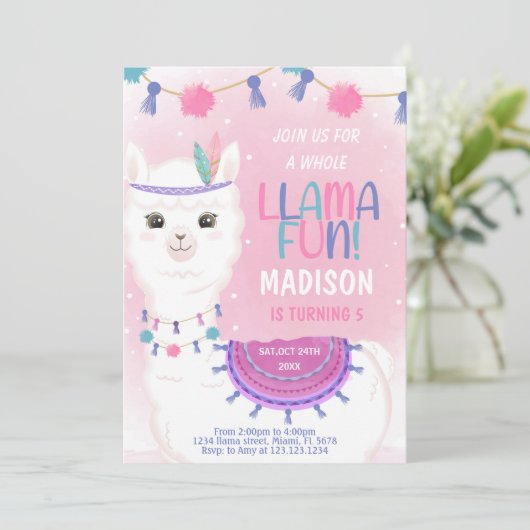 Bewerkbare Roze & Paarse Llama Verjaardag Kaart (Staand voorkant)