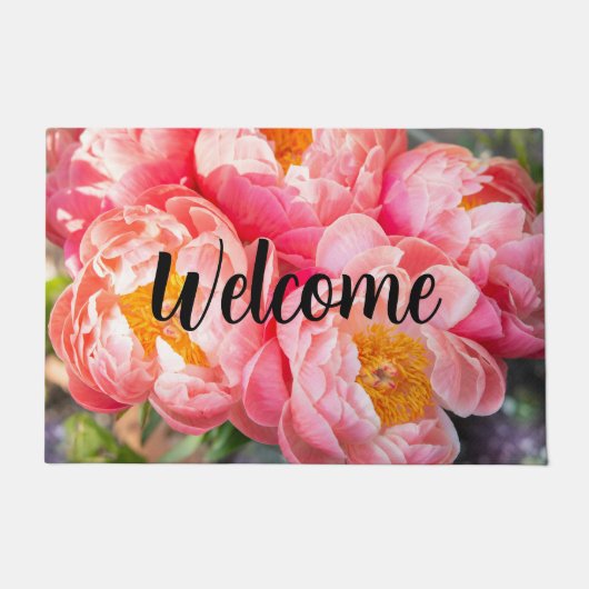 Bewerkbare roze pioenen Welkom Deurmat (Voorkant)