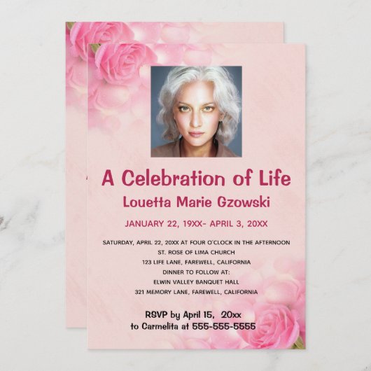 Bewerkbare Roze Rozen Foto Herdenking van het Leve Kaart (Voorkant / Achterkant)