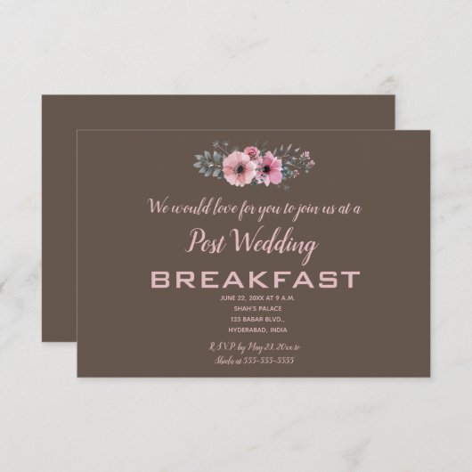 Bewerkbare roze rozen op bruine bruiloft ontbijt RSVP kaartje (Voorkant / Achterkant)